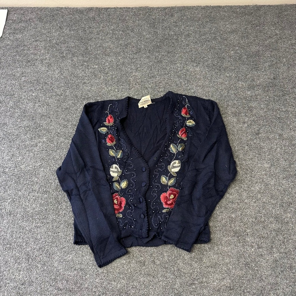 Susan Bristol Cardigan Womens S Navy Blue Hand Embroidered Floral Vintage 90s